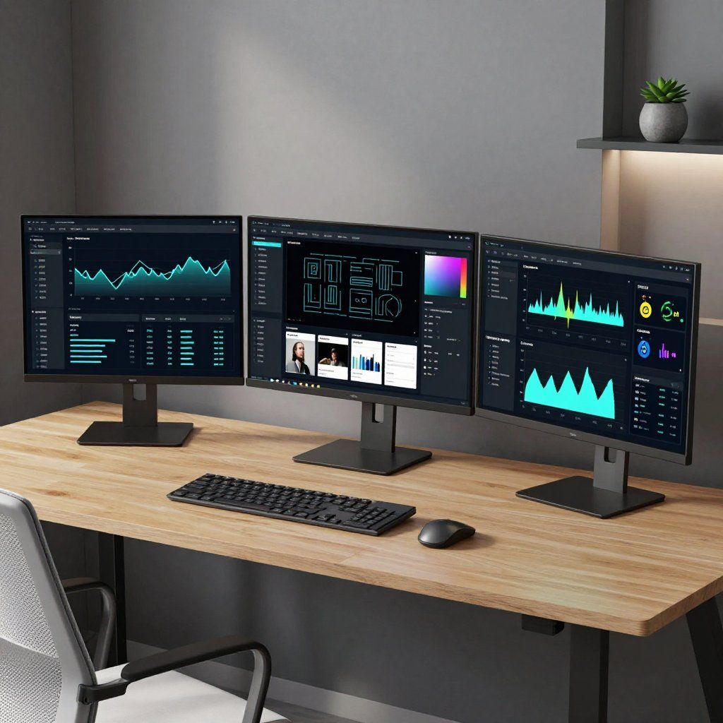 Three computer monitors on a wooden desk displaying data charts and a user interface, with a keyboard and mouse.