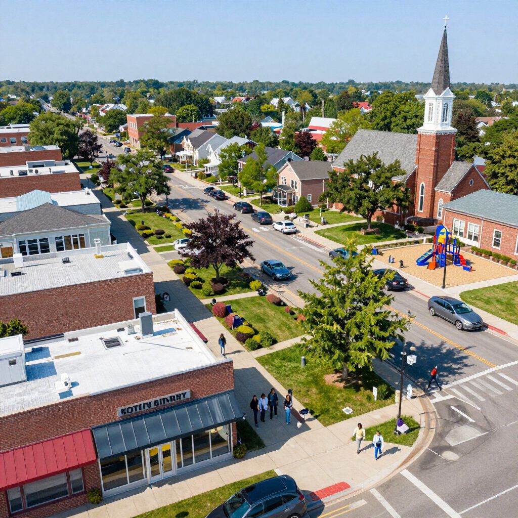 Aerial view of a small town street lined with buildings, a church, and vehicles under a blue sky.