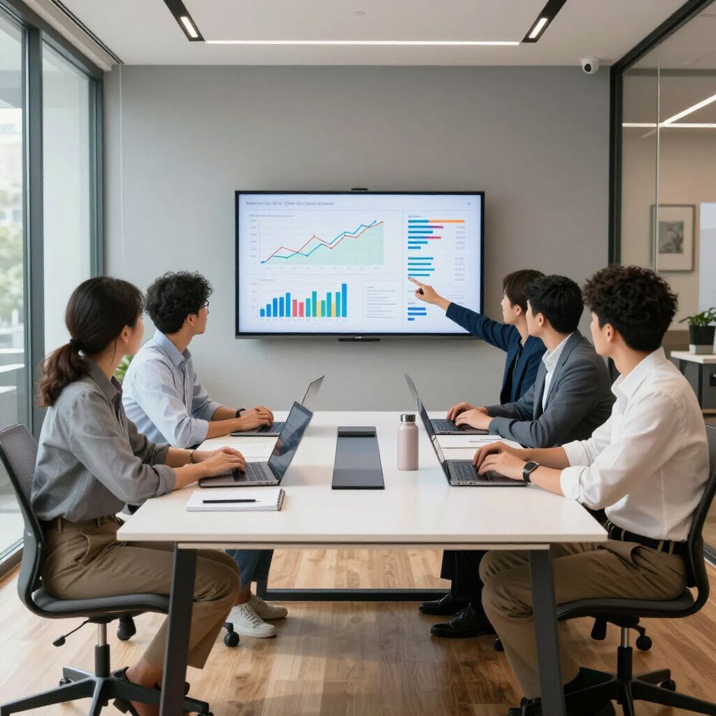 People in a meeting room looking at a screen with charts. Man points at data on the screen.