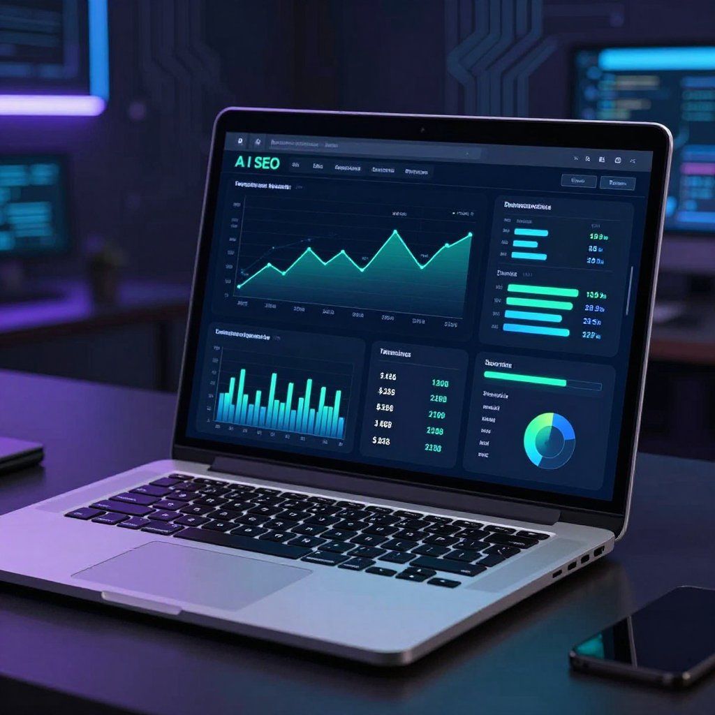 Laptop displaying a dashboard with data visualizations in a dark office setting.