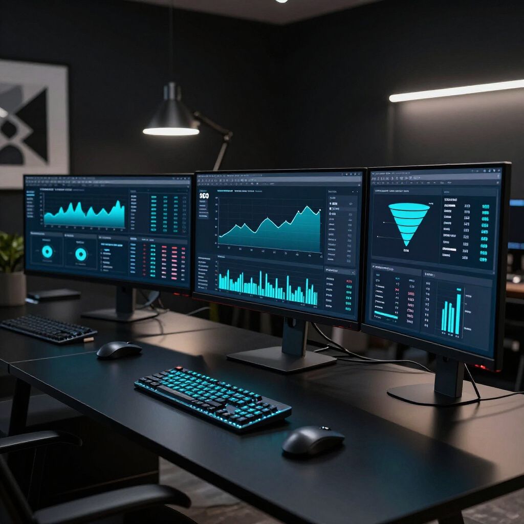 Three computer monitors displaying data charts on a black desk in a dark office.