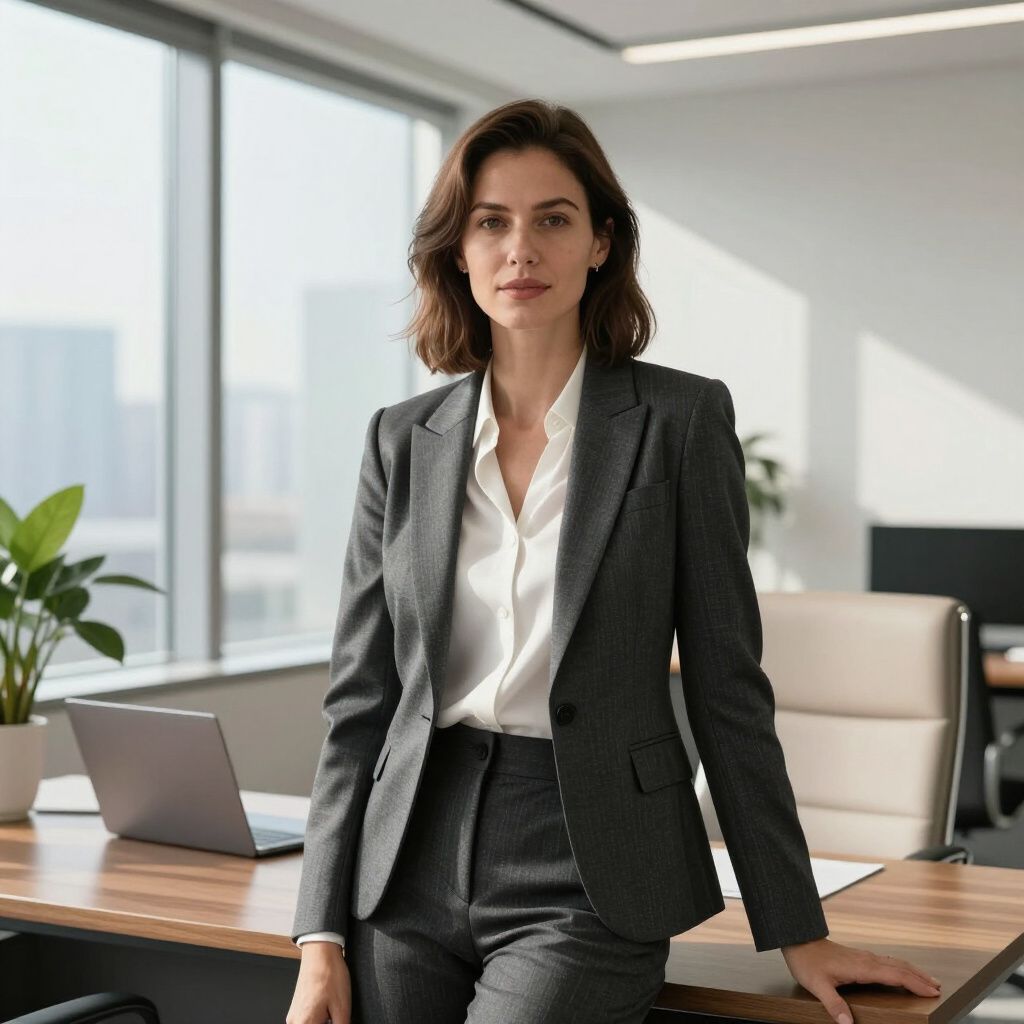 Woman in gray suit, white blouse, leans on desk in office, looking at the camera.