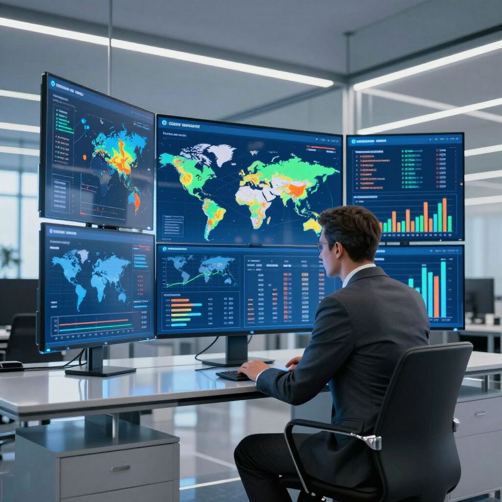 Man in suit working at a desk with multiple computer screens displaying world maps and charts.