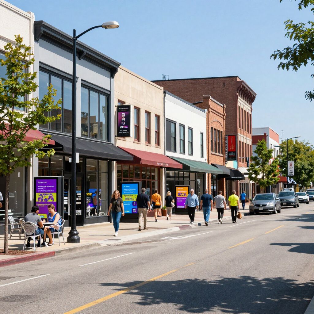 Street with shops and people walking. Storefronts with awnings, two digital signs, and cars parked along the road.