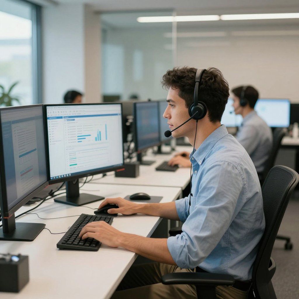 Man wearing a headset, working on a computer in an office, with graphs on screen.