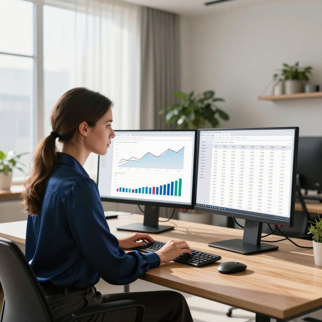 Woman in blue shirt working on two computer screens with charts and data at a desk.