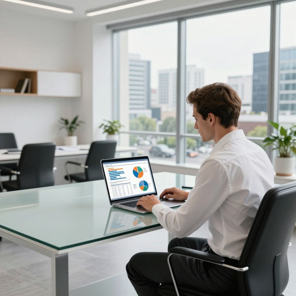 Man working on laptop in modern office, analyzing financial charts, city view background.