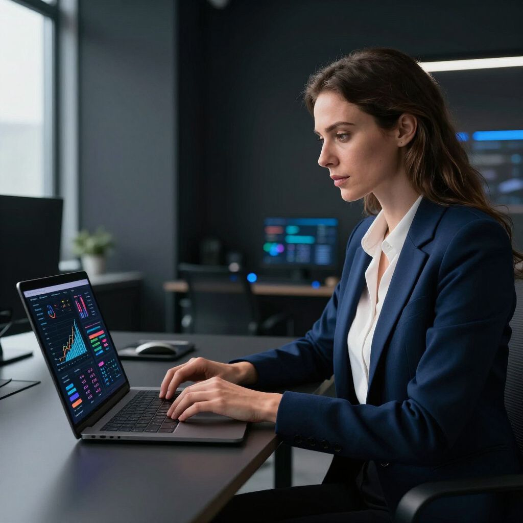 Woman in a blue blazer analyzing data on a laptop in a modern office setting.