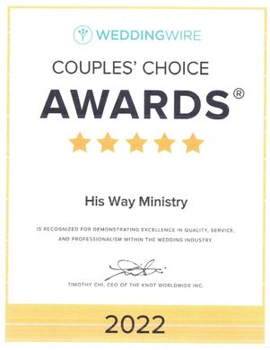 A couple 's choice awards certificate for his way ministry 2022