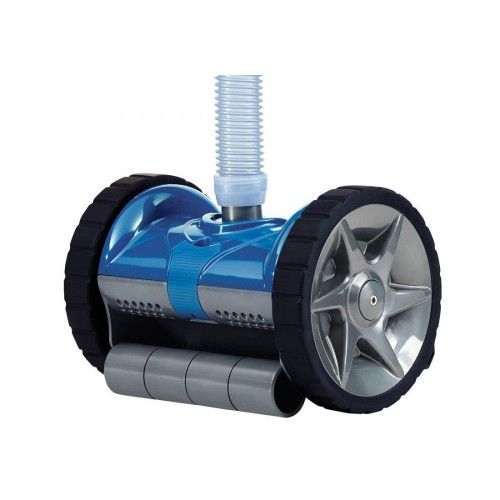 A blue and silver swimming pool vacuum cleaner with wheels