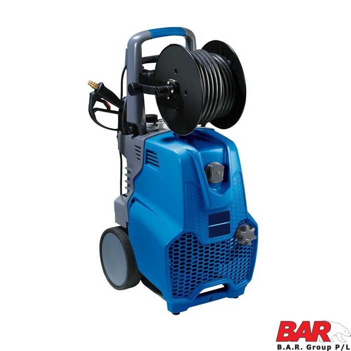 A blue high pressure washer with a hose attached to it