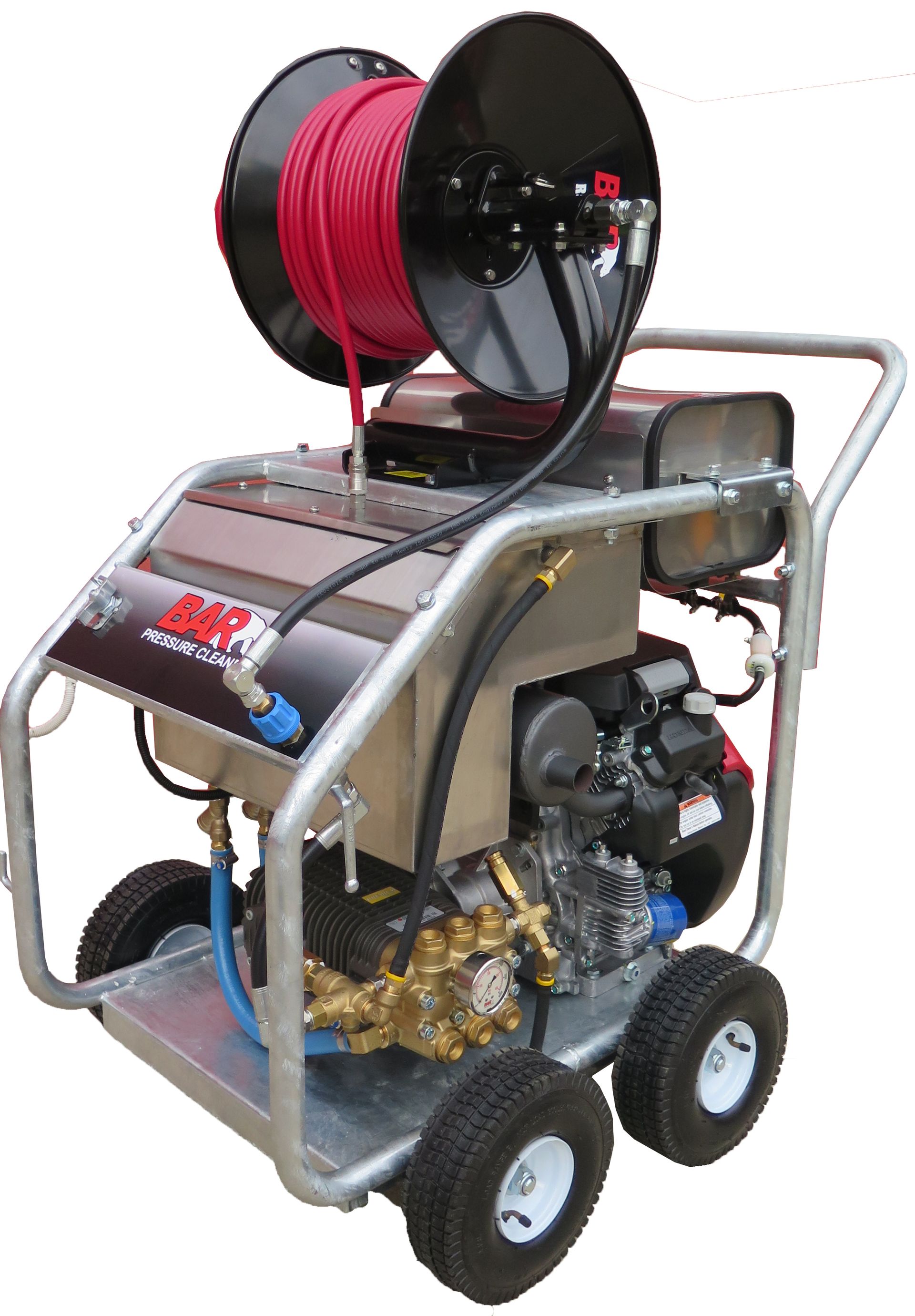 A pressure washer on wheels with a red hose attached to it.