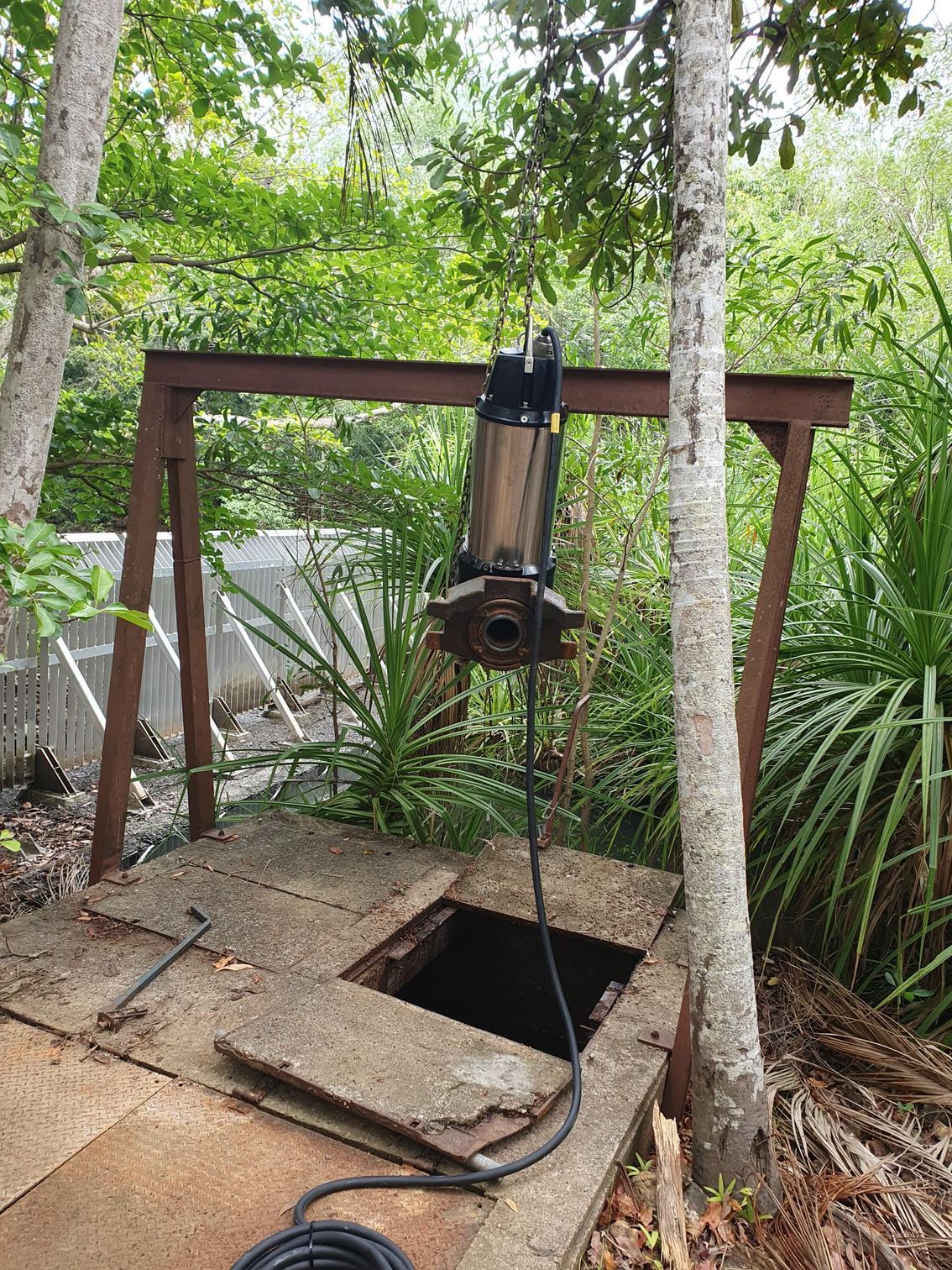 A well with a pump attached to it is surrounded by trees.