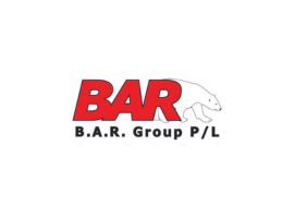 A red and white bar b.a.r. group p / l logo