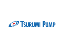 A blue and white logo for a company called tsurumi pump