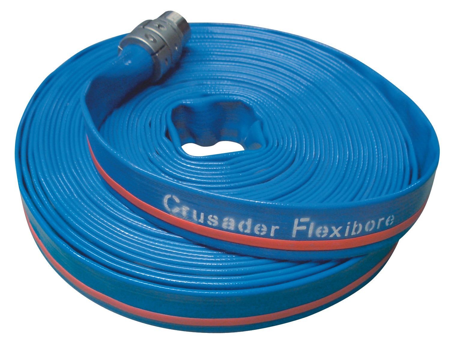 A blue crusader flexibore hose with a red stripe