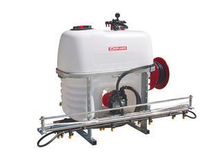 A white sprayer with a red hose attached to it on a white background.