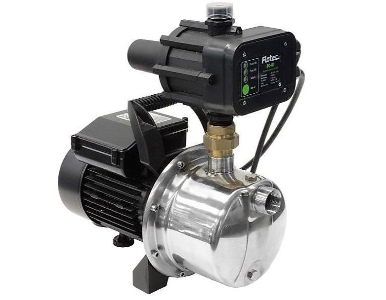 A stainless steel water pump with a control panel attached to it.