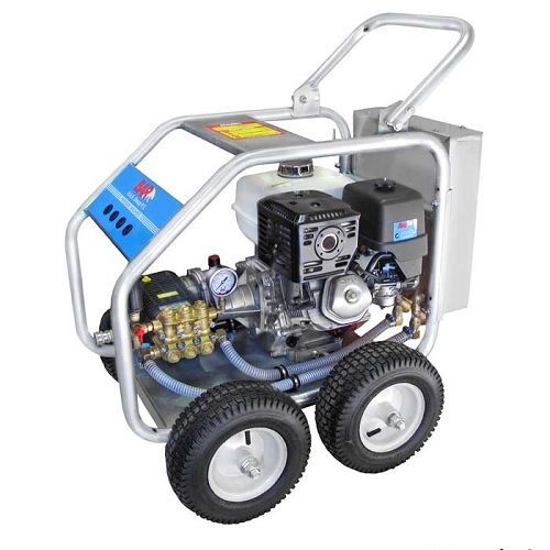 A gas powered high pressure washer with wheels and a handle on a white background.