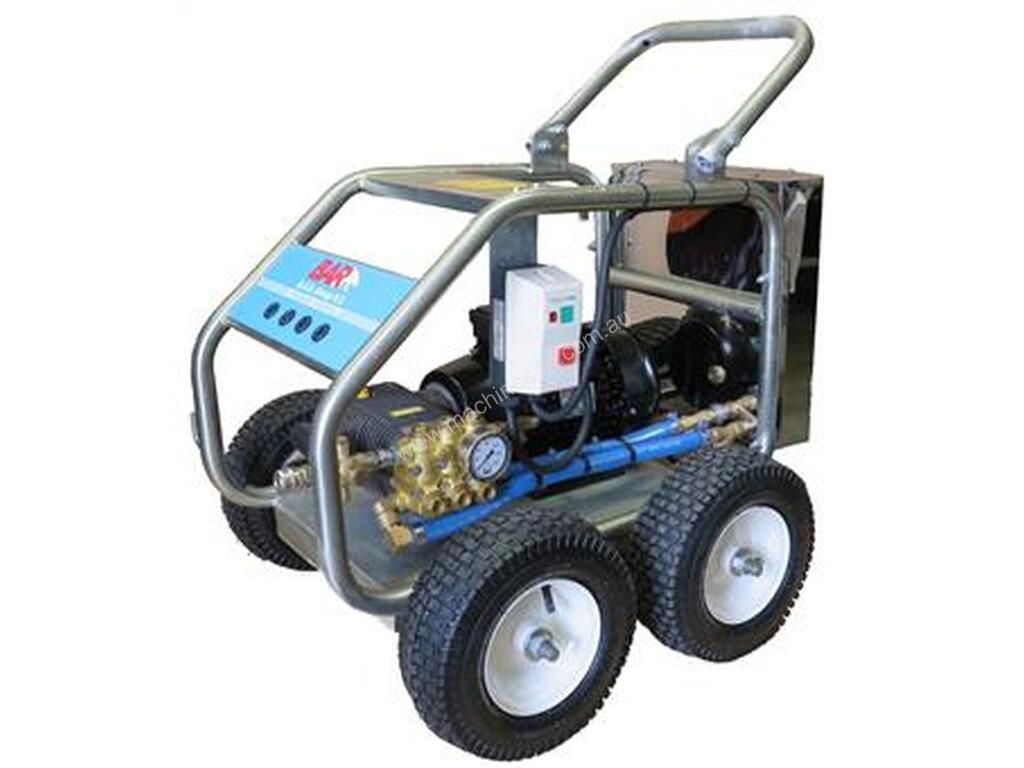 A high pressure washer with wheels and a handle on a white background.