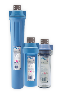 Three blue water filters are sitting next to each other on a white background.