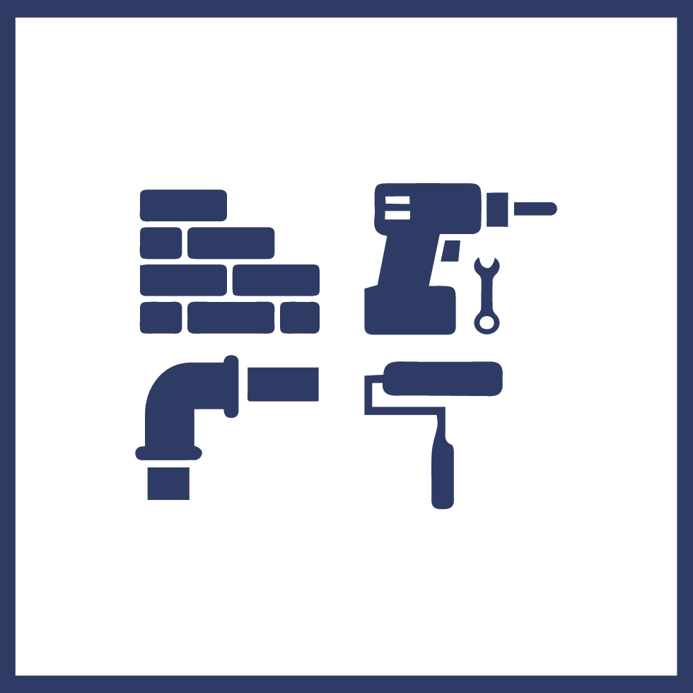 A blue icon of a drill , pipes , and tools on a white background.