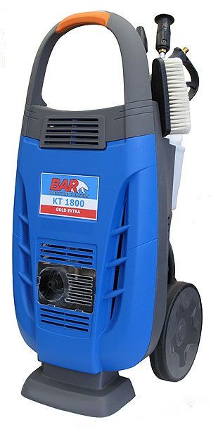A blue and gray high pressure washer with a brush attached to it.