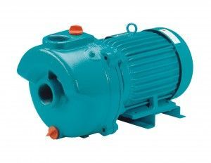 A blue water pump with a motor attached to it on a white background.
