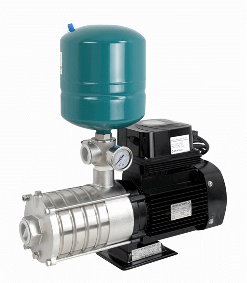 A water pump with a tank attached to it on a white background.