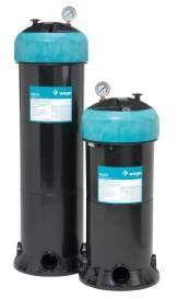 Two black cylinders with blue lids are sitting next to each other on a white background.