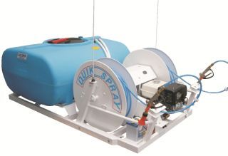 A blue tank is attached to a white machine that says quick spray