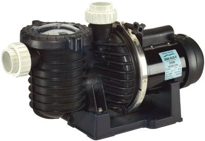 A black and white swimming pool pump is sitting on a white surface.