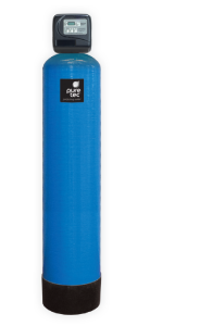 A blue water filter is sitting on top of a white surface.