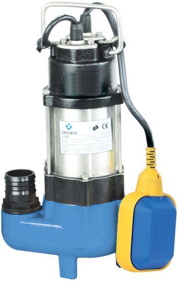A blue and black submersible pump with a yellow float switch