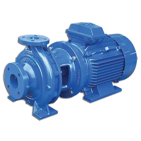 A blue water pump with a motor attached to it