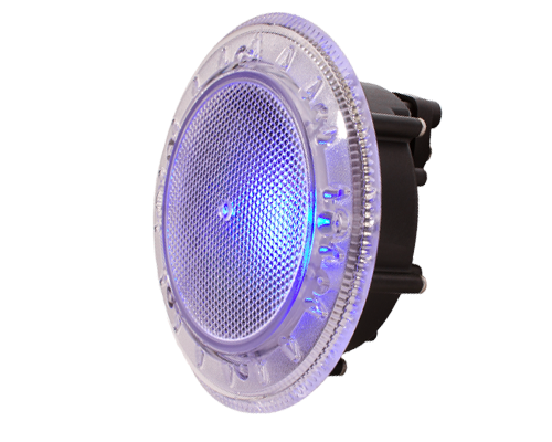 A close up of a blue light on a white background