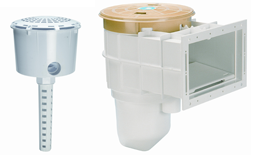 A picture of a swimming pool skimmer and a bucket