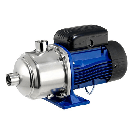 A stainless steel water pump with a blue motor on a white background.