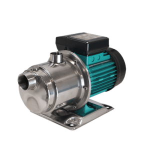 A stainless steel water pump with a green motor