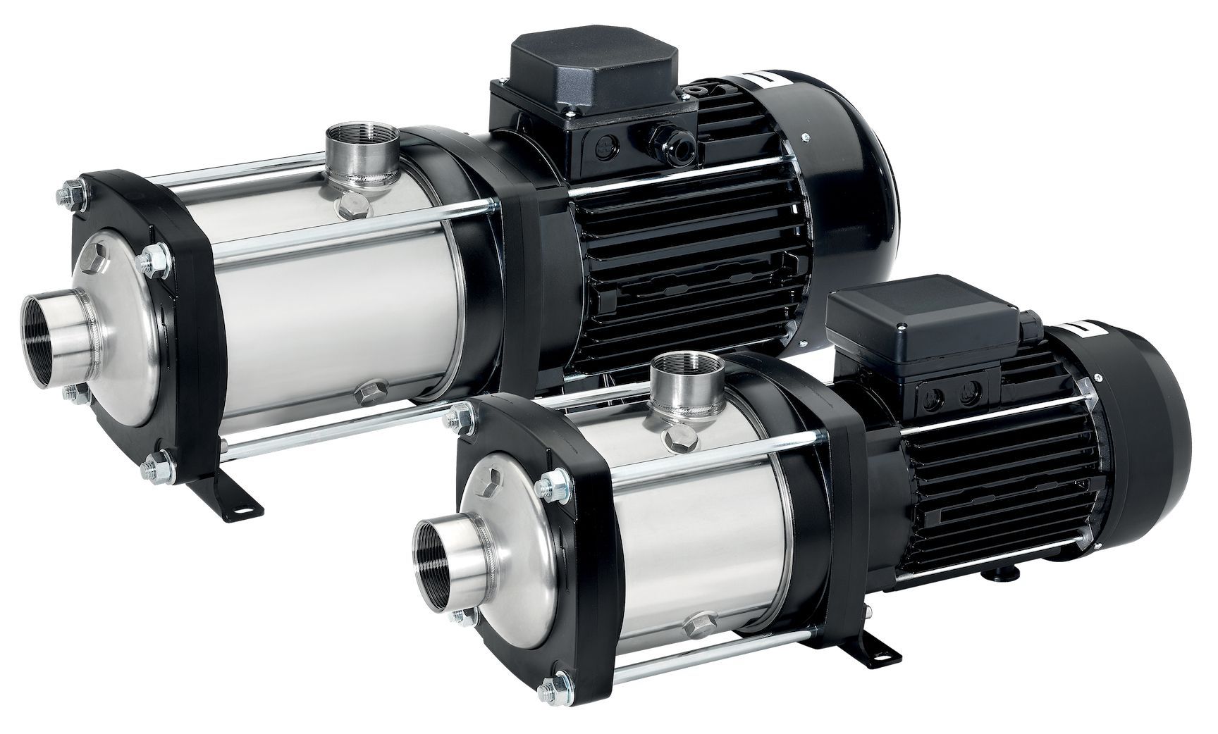 Three stainless steel pumps are sitting next to each other on a white background.