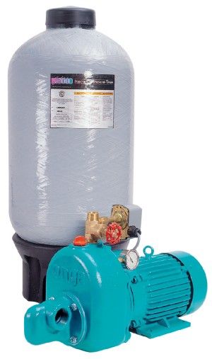 A water pump is sitting next to a tank on a white background.