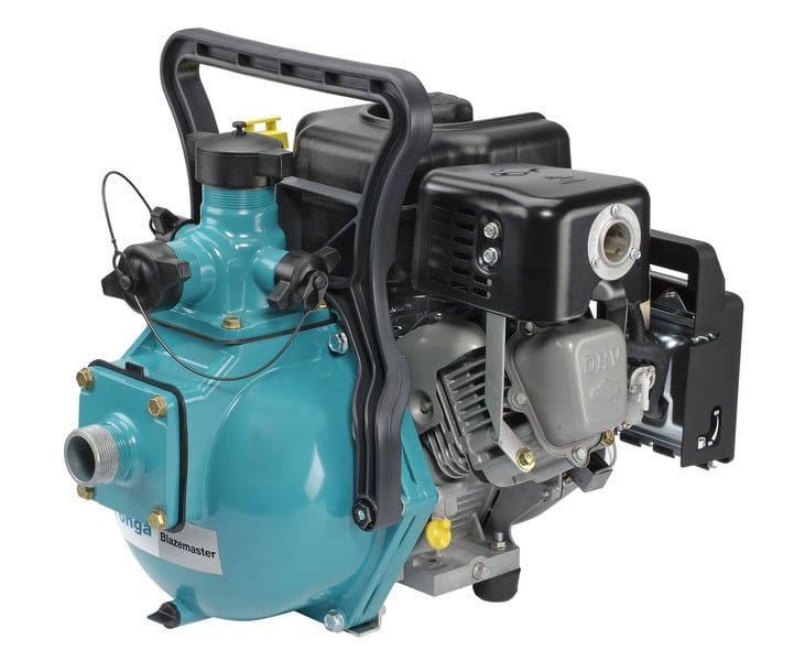 A blue water pump with a black handle on a white background.