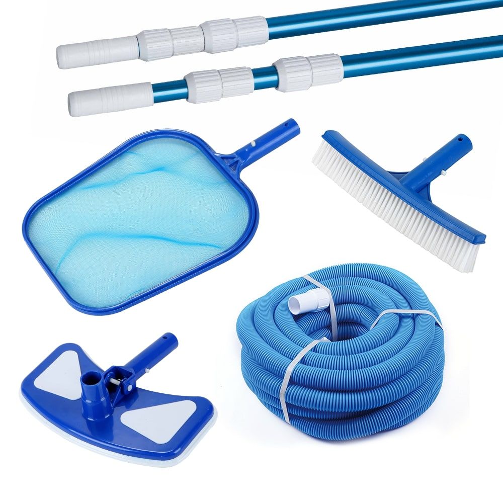 A pool cleaning kit with a hose and brushes