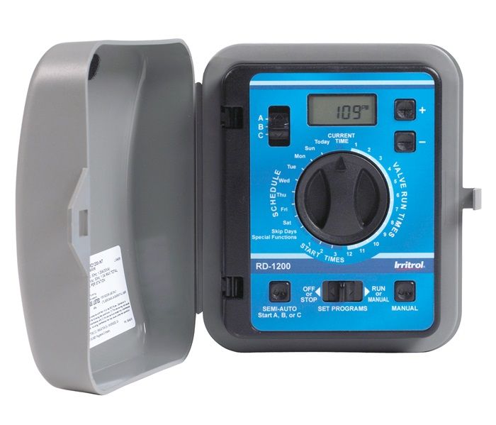 A gray and blue irrigation controller displays a temperature of 109 degrees
