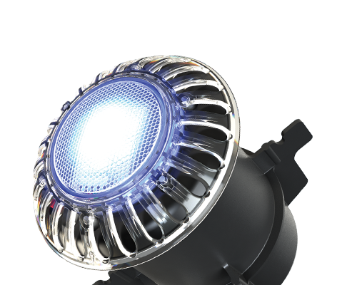 A close up of a blue light on a white background