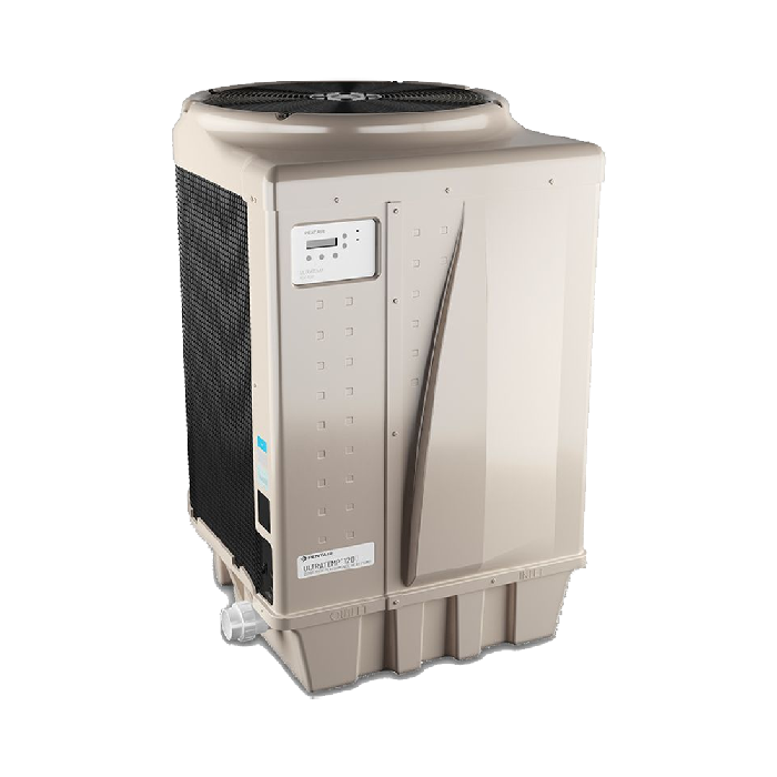 A tan air conditioner is sitting on a white surface.