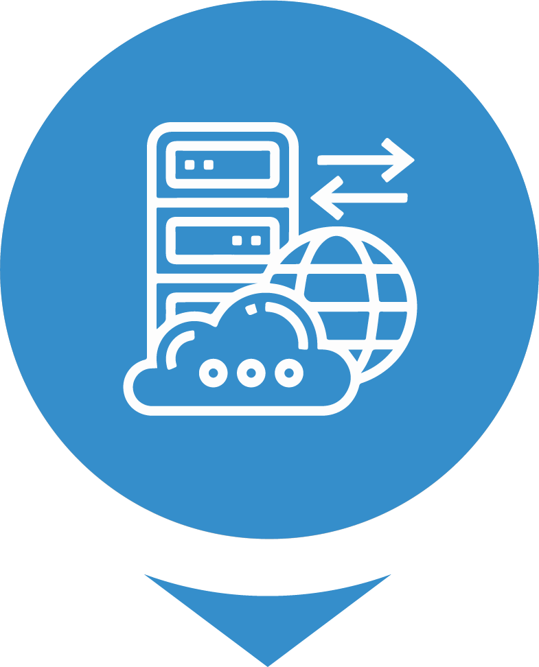 Un icono de un servidor, una nube y un globo terráqueo en un círculo azul.