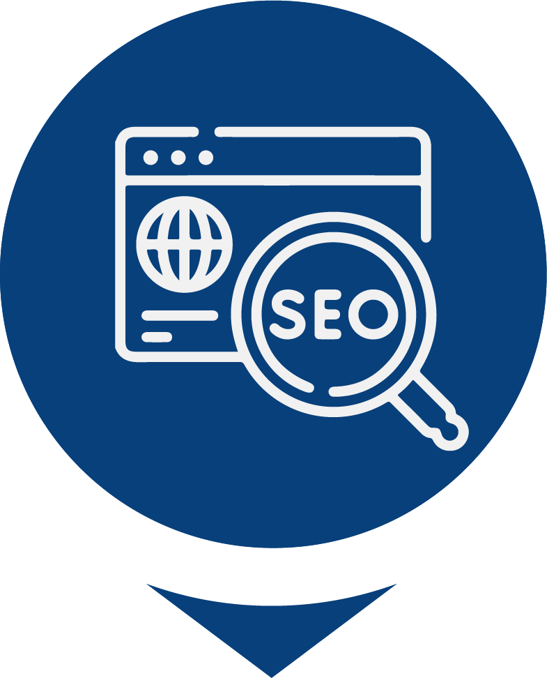 Un icono de una lupa con la palabra seo.
