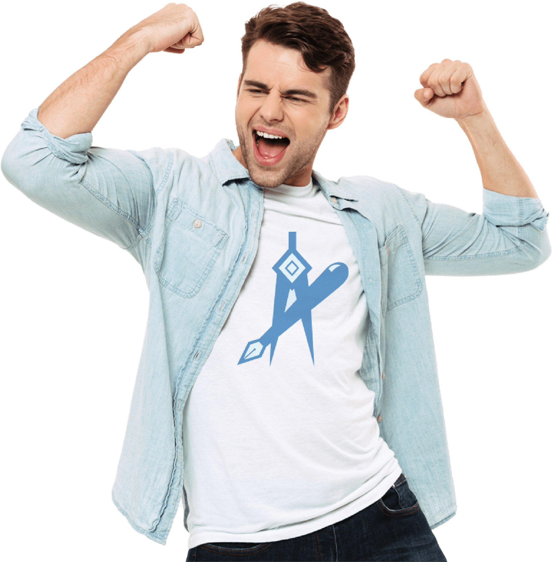 Un hombre vestido con una camisa blanca con una brújula azul
