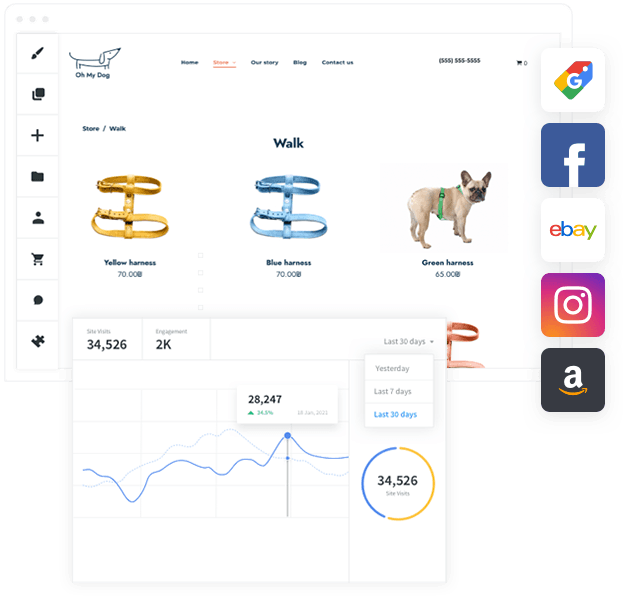 Una captura de pantalla de un sitio web con un perro e íconos de redes sociales.